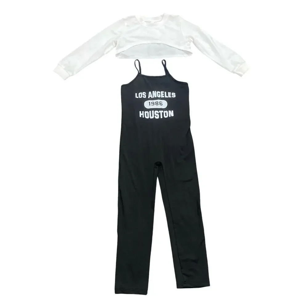 Girl Graphic Cami Jumpsuit & Crop Pullover in Black/White, Size 7Y​